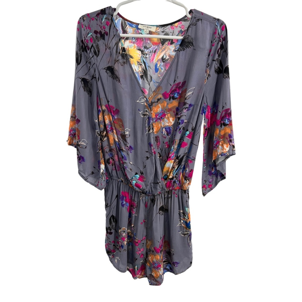 Umgee crossover cotton blend S gray floral shorts romper jumper flare sleeve
